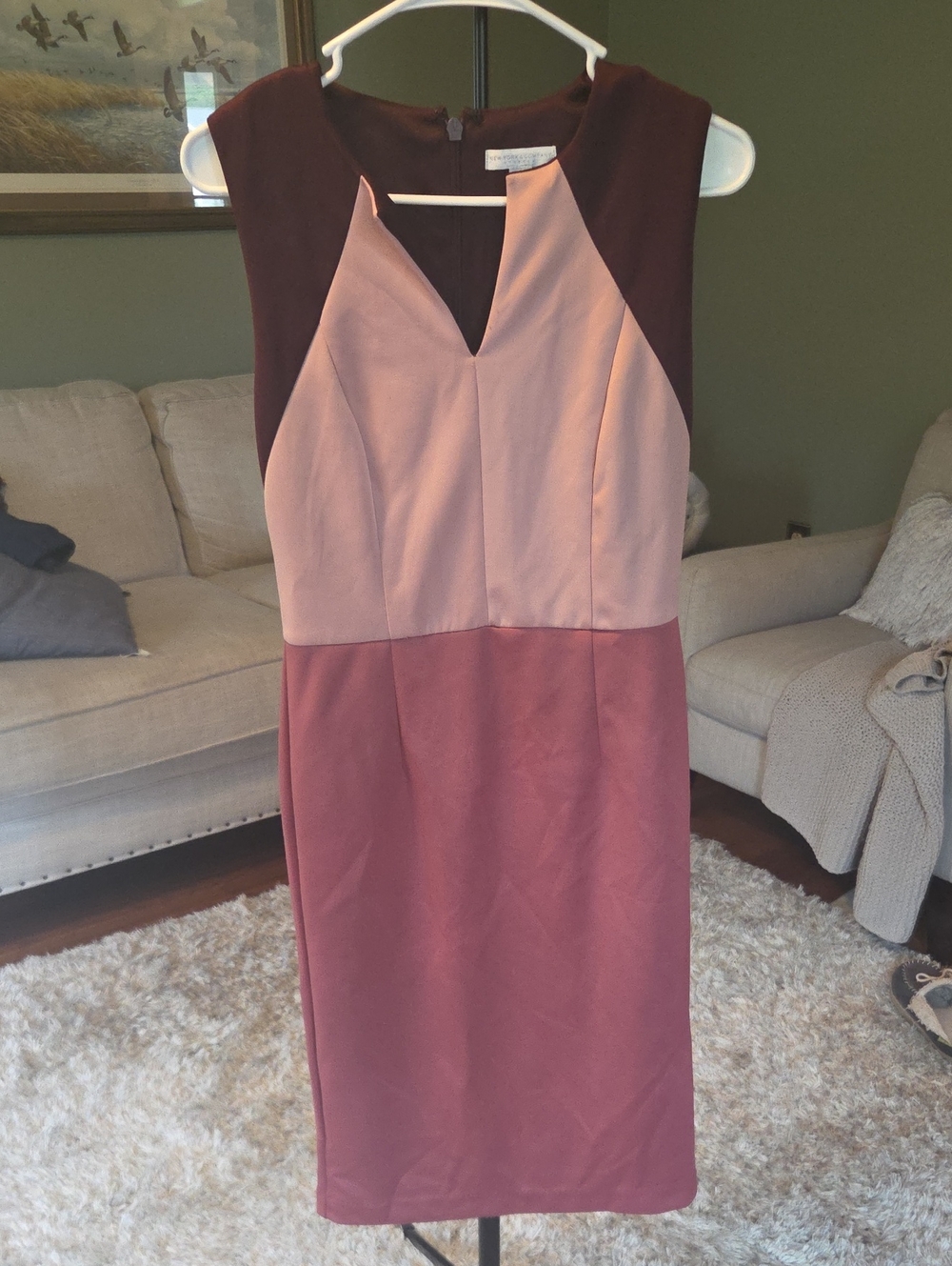 Sleeveless Colorblock Midi Sheath Dress in Mauve, Dusty Pink and Burgundy